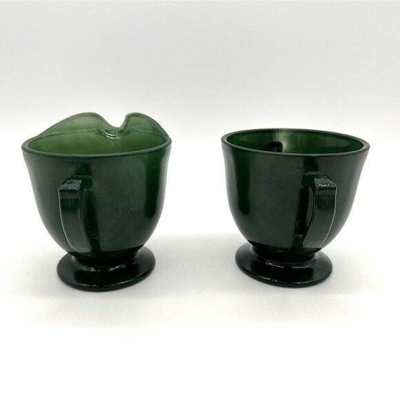 Vintage Creamer Sugar Bowl Set Dark Green Glass Footed Double Handle Christmas - Picture 3 of 9